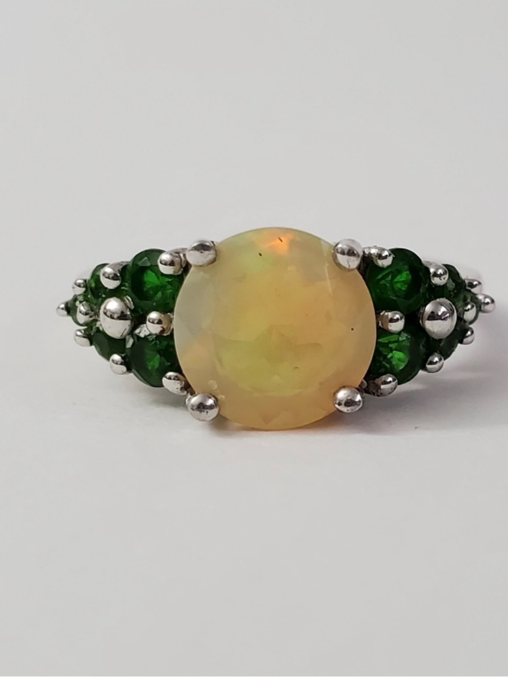 Sterling Silver 925 Opal and Emerald Cocktail Ring